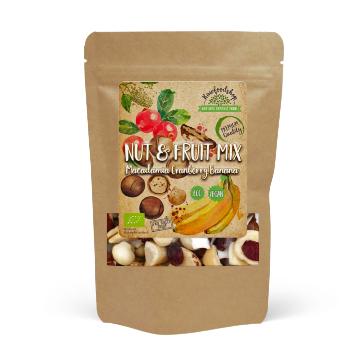 Nöt- & Fruktmix Macadamia Tranbär Banan EKO 200g i gruppen Råvaror & Dryck / Godis & Choklad / Snacks hos Rawfoodshop Scandinavia AB (270722)